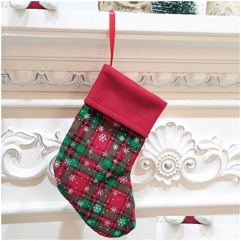 christmas stockings socks snowflake plaid xmas hanging stocking kids christmas gift candy bags decor christmas tree ornament dbc