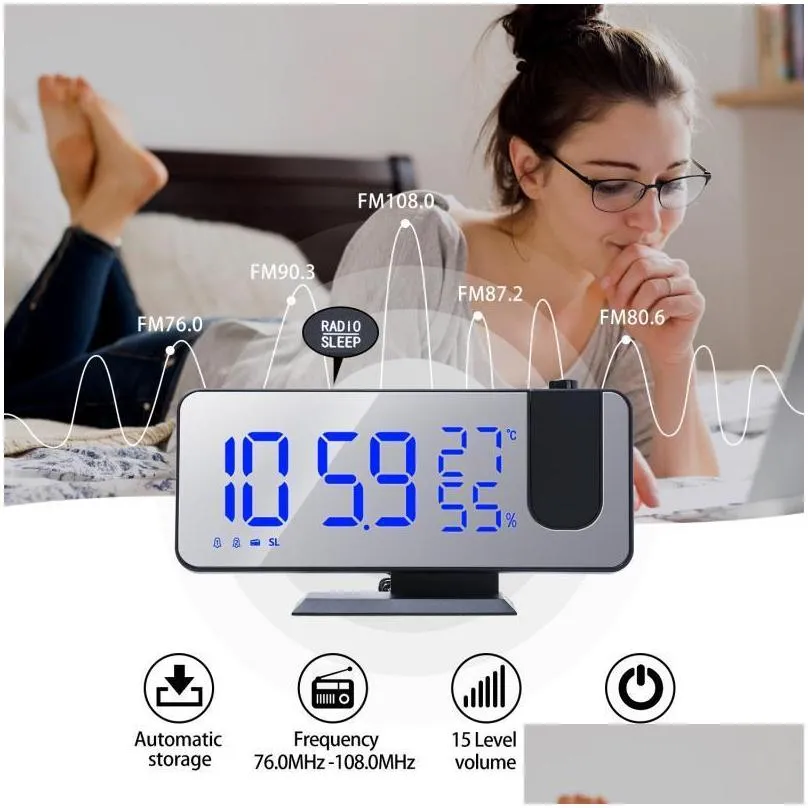 other clocks accessories 2021 led digital alarm clock hd projection with temperature/humidity display radio function usb mirror