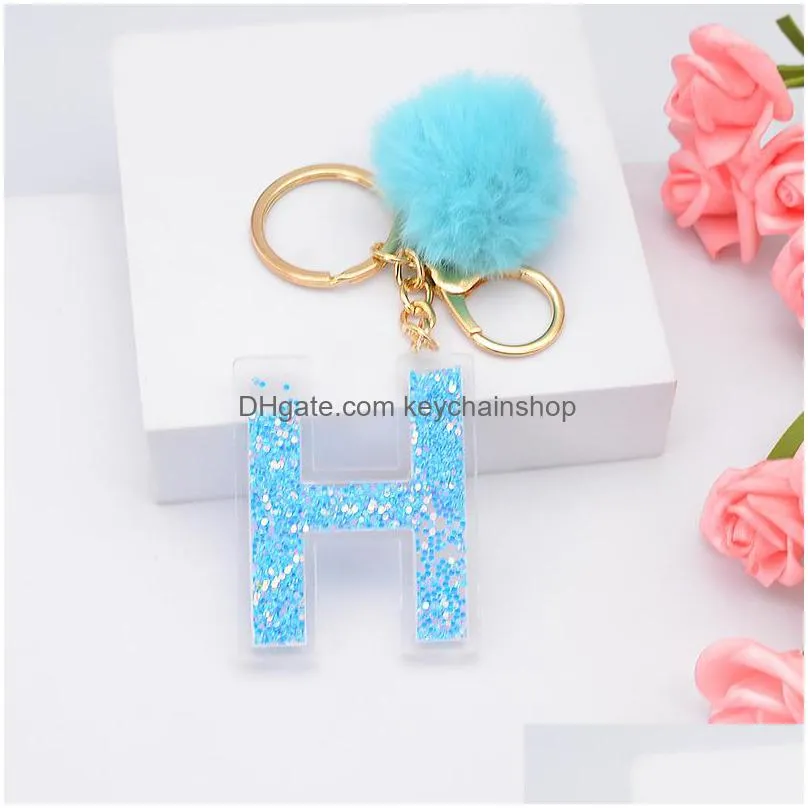 fluffy blue pompom faux rabbit fur ball keychains sequins letters key rings key holder trendy jewelry bag accessories gifts