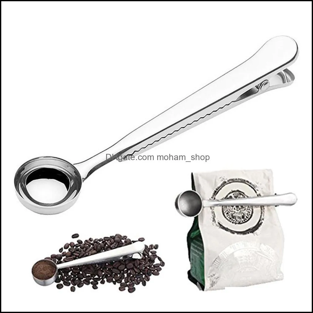 stainless steel ground coffee tea tools measuring scoop spoon with bag seal clip kitchen metal spoons rre13339