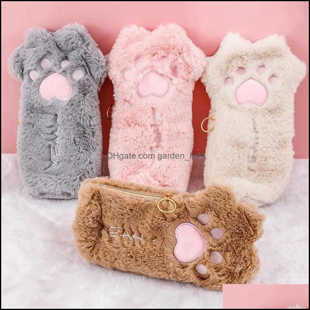 pencil bags cut cat paw pencil bag soft plush kawaii makeup pouch large capacity pencil case pen holder stationery organizer school