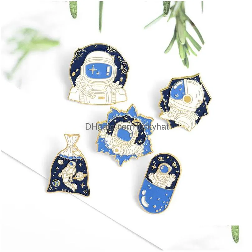 cartoon creative space astronaut brooches set 5pcs capsule water bag enamel paint badges for boys alloy pin denim shirt fashion jewelry gift clothes