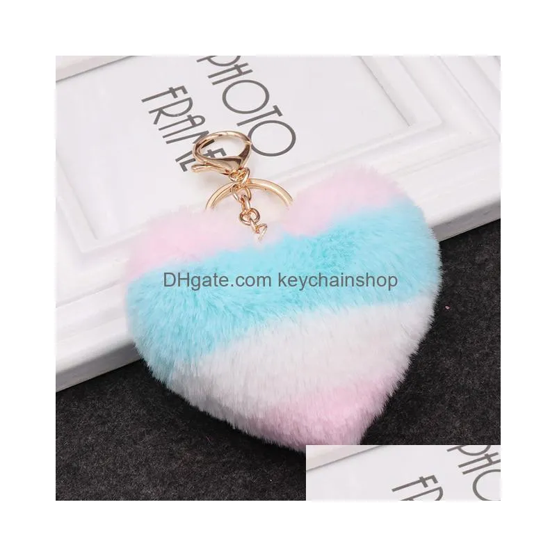 9cm cute fluffy heart keychains womens pom poms faux rex rabbit fur key chains girl bag hang car key ring jewelry accessories