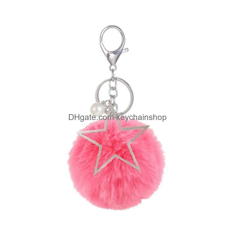 8cm key chain fur ball pom pom keychain pompom pearl star artificial rabbit fur animal keychains for car bag key ring