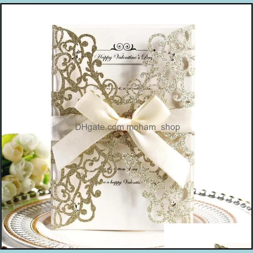 glitter wedding invitation flower hollow laser cut elegant engagement wedding invitation card with rope and envelope rre13349