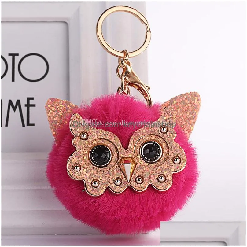 cute pompom key rings jewelry trendy animal owl keyring lovely faux rabbit fur ball keychain women keyfob