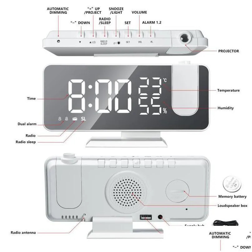 other clocks accessories 2021 led digital alarm clock hd projection with temperature/humidity display radio function usb mirror