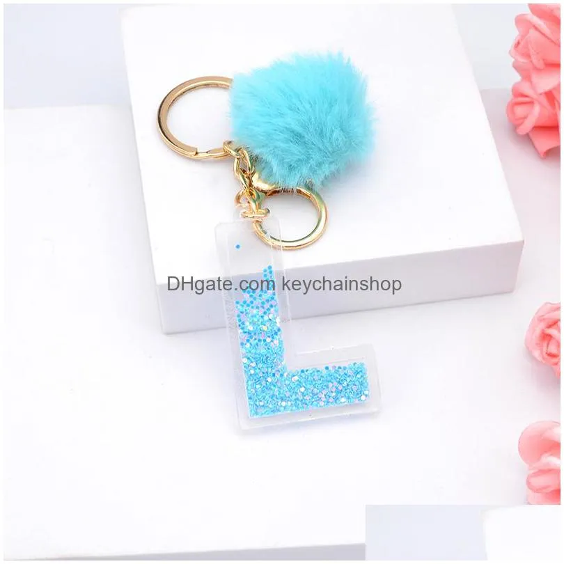 fluffy blue pompom faux rabbit fur ball keychains sequins letters key rings key holder trendy jewelry bag accessories gifts