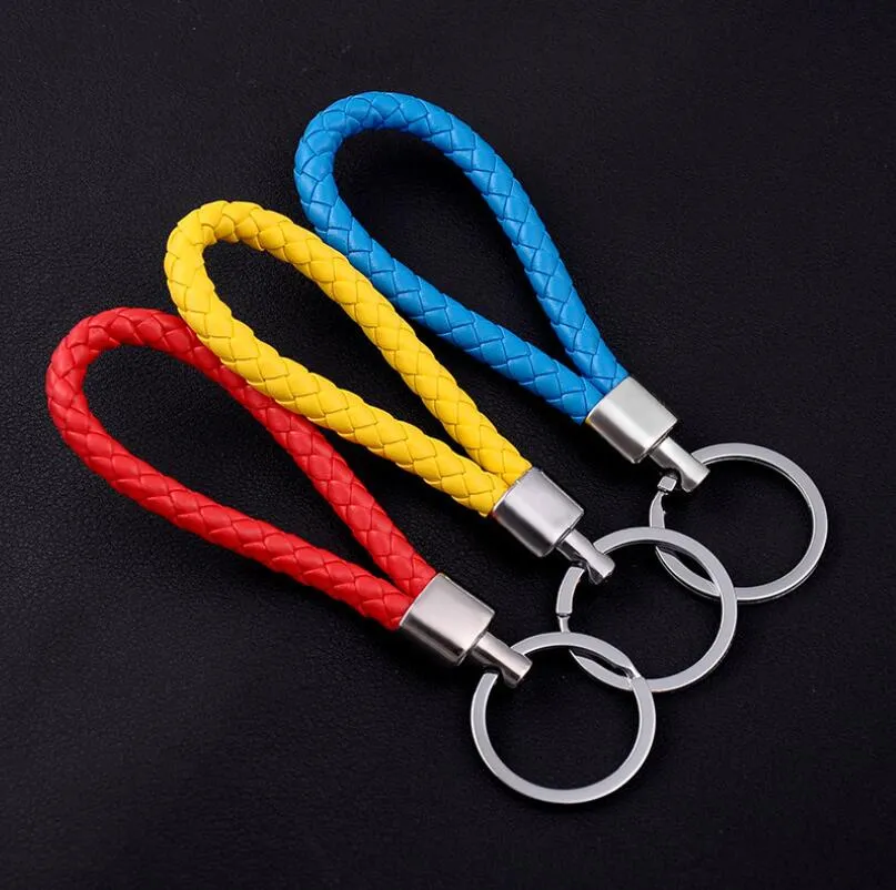 high quality braided pu leather keychain women men solid color woven rope key ring unisex car key holder fashion accessories