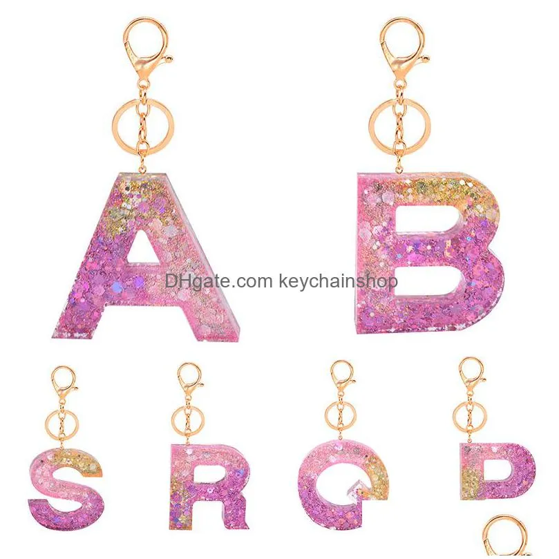 letter pendant keychains resin key chains rings for women cute car pink sequin letters keyring holder charm bag couple gifts