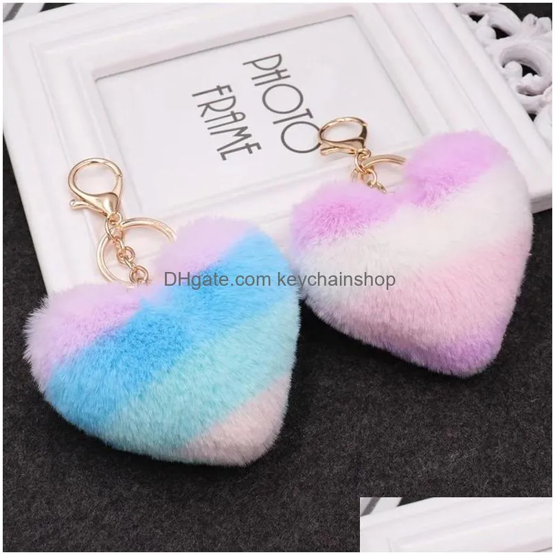 9cm cute fluffy heart keychains womens pom poms faux rex rabbit fur key chains girl bag hang car key ring jewelry accessories