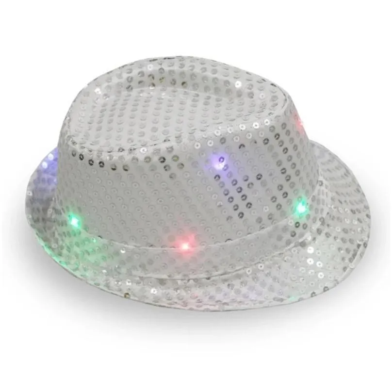 led jazz hats flashing light up led fedora trilby sequins caps fancy dress dance party hats unisex hip hop lamp luminous hat