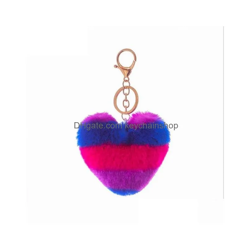 cute heart pompoms keychain rainbow plush balls key chains for women bag accessories keychains car fashion keyring