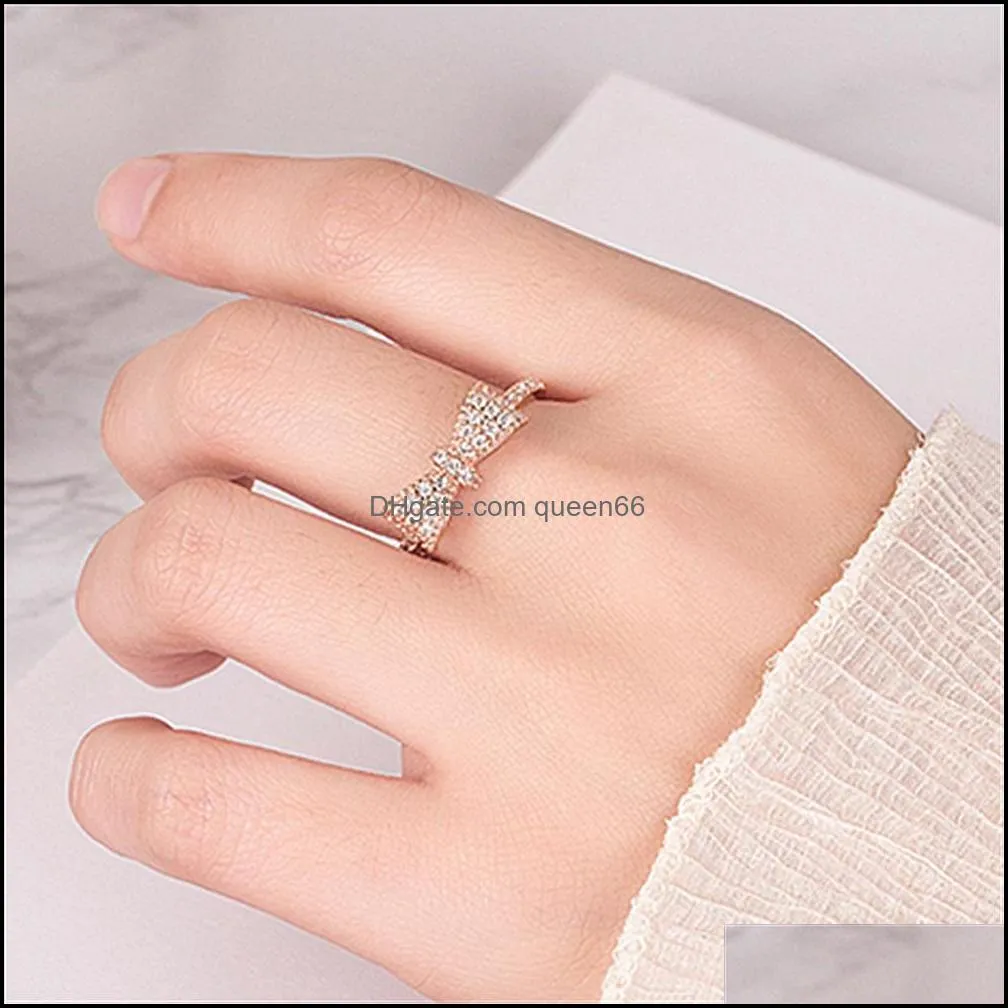bow ring micro inlay romantic full cubic zirconia ring party jewelry gift silver rings