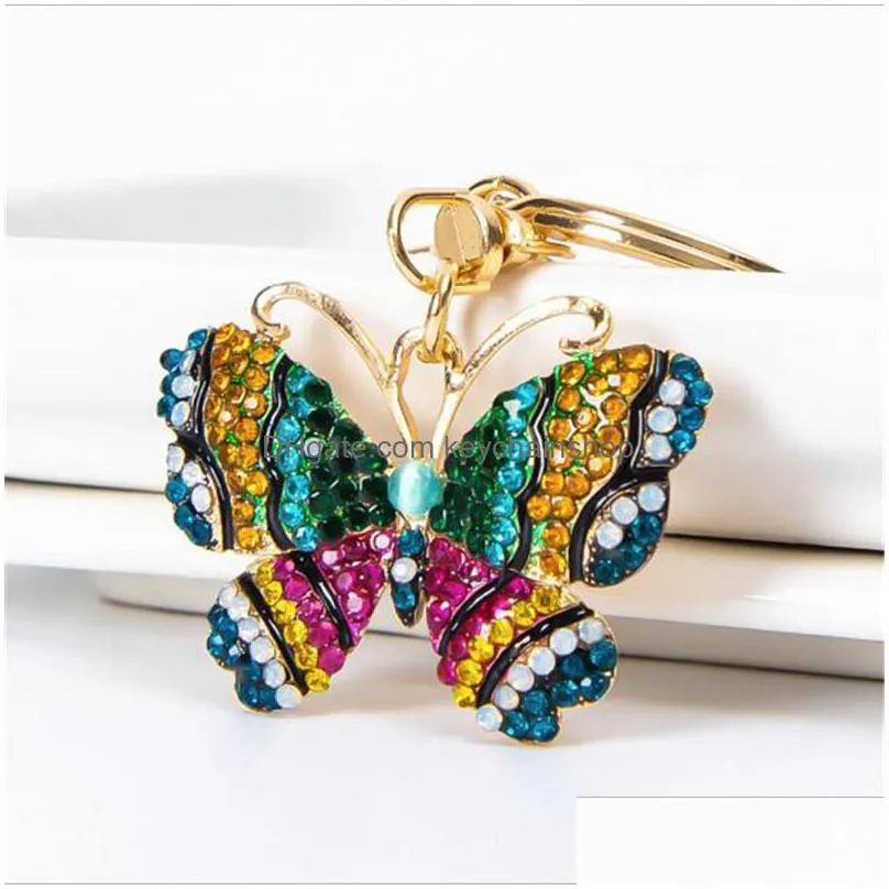 crystal colorful butterfly keychain rhinestone purse car key chain bag holder decorative alloy keyrings trendy vintage keyring