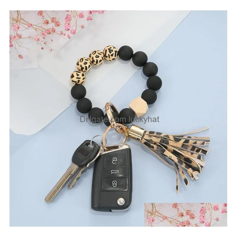 9 colors black frosted wooden bead bracelet keychain fashion leopard pattern tassel pendant bracelets women girl keyring wrist strap