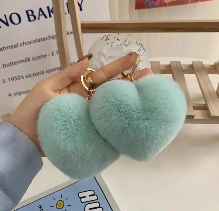 fluffy pompom key rings for women soft heart shape rabbit keychains ball car bag accessories keyfobs pendant jewelry