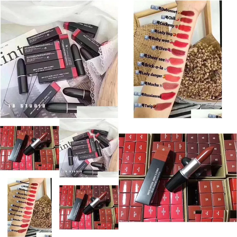 famous brand m high quality metal matte lipstick lip makeup cream top with small triangle chocolate smell