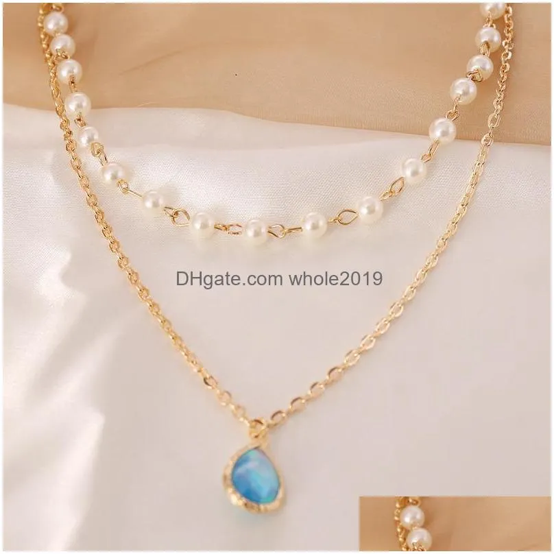 fashion jewelry double layer chain necklace faux pearl beads charm pendant necklace