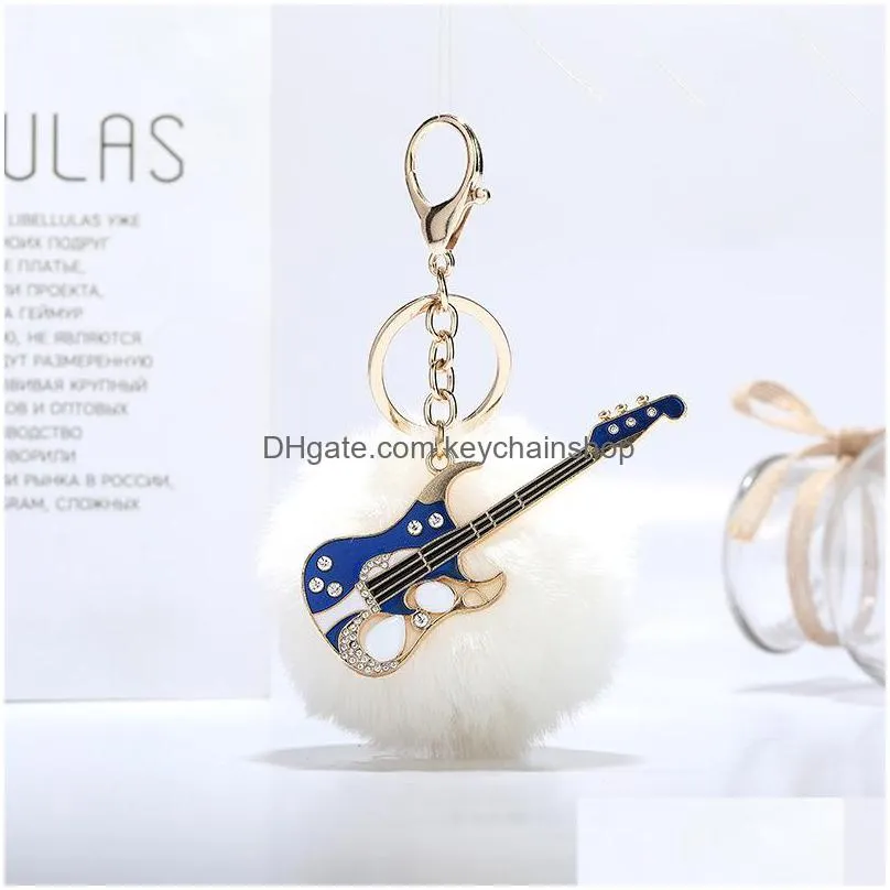 cute tower guitar fur key chain fake fur ball key chains fluffy pompon keyring bag charms key ring llaveros chaveiros keychains