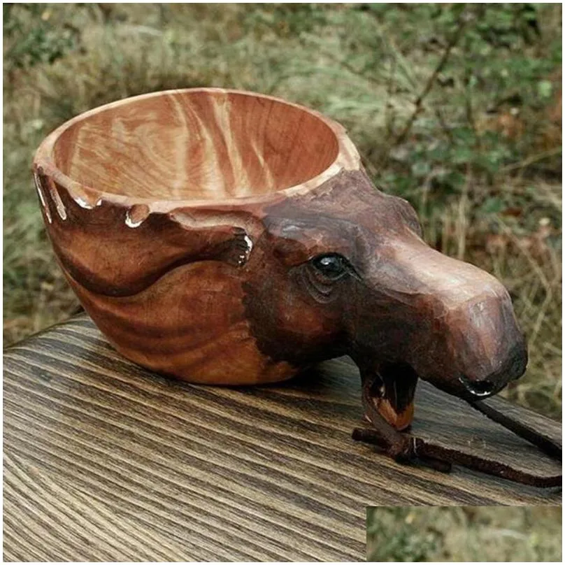 mugs kuksa hand carved wooden mug guksi animals head image cup animal shape portable camping drinking