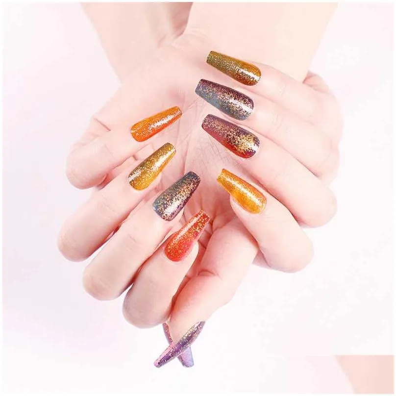 24 pieces/set of long coffin fake nails european rainbow ballerina diy full nail art techniques colorful beauty fake nails