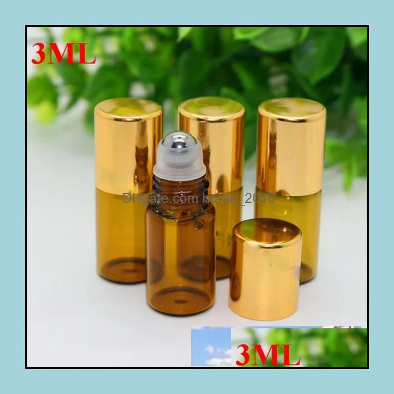 empty roll on glass bottles amber 3ml refillable roll on for fragrance  oil metal chrome roller gold cap