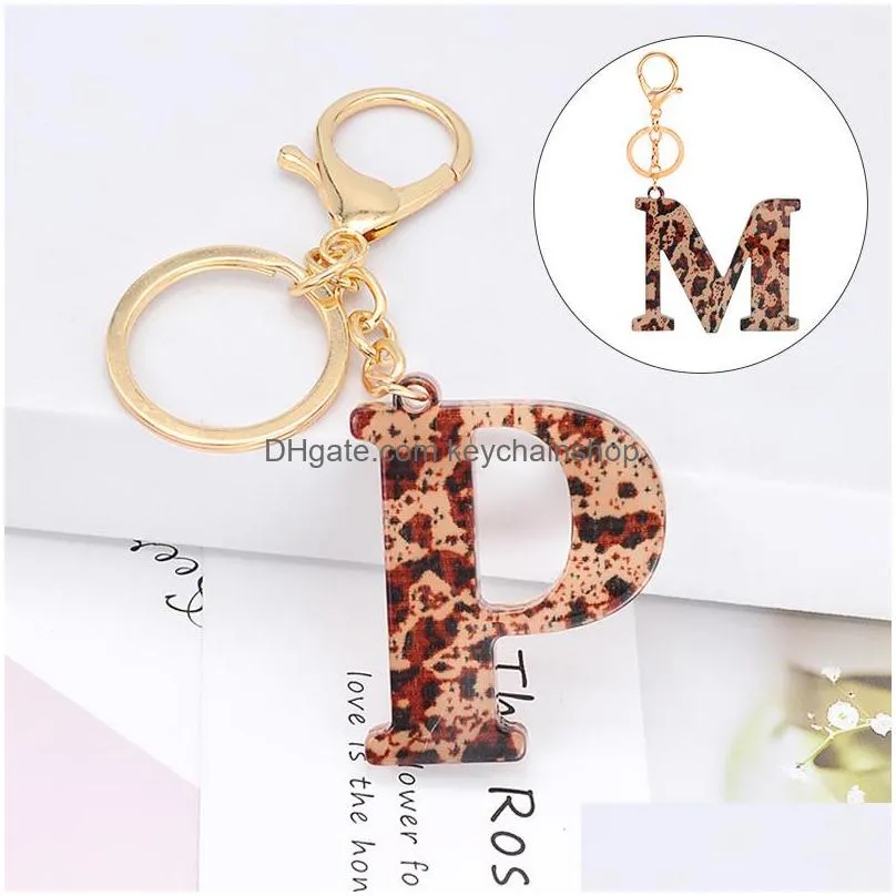 leopard print keychains az initial acetate pendant key chain ring cute car alphabet resin keyring holder charm bag couple gifts