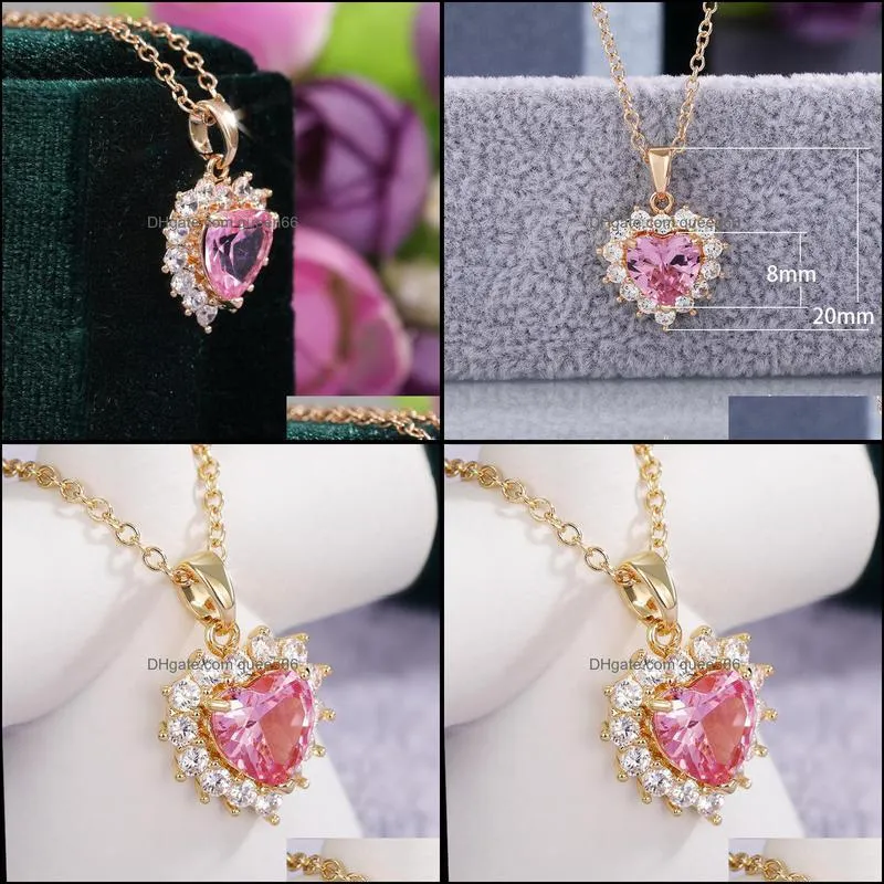 pendant necklaces lucky pink zircon peach heart necklace for women engagement wedding gold anniversary gift collar de mujerpendant