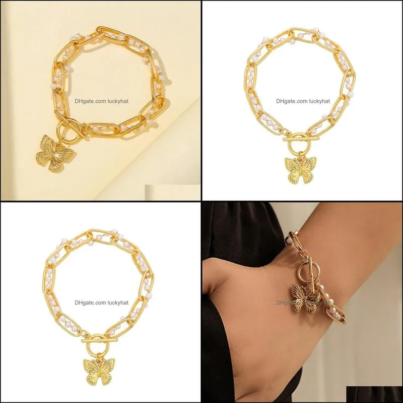 fashion simple pearl metal chain double winding bracelet charm temperament butterfly tag ot buckle hand jewelry