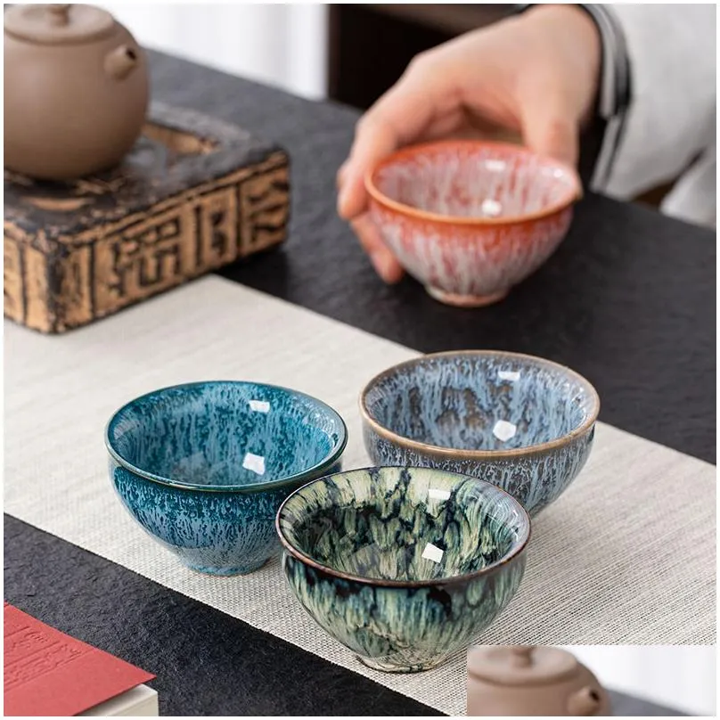 tea tools vintage multicolor kiln fambe ceramic teacup japanese style retro handmade cup temmoku glaze teaset home tea bowl master