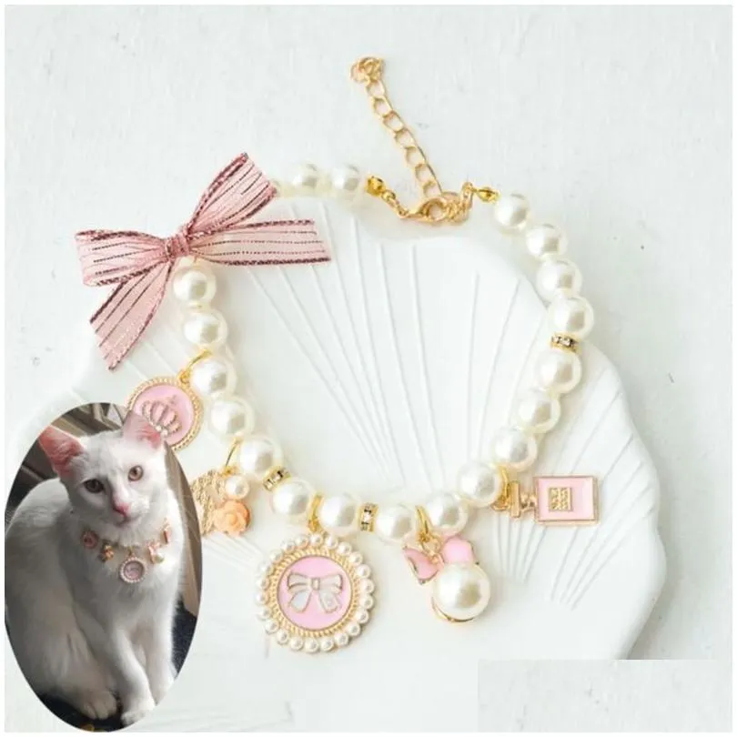 cat collars leads pet pearl collar dog princess bow necklace jewelry cute puppy accessories chain chihuahua wedding stuff