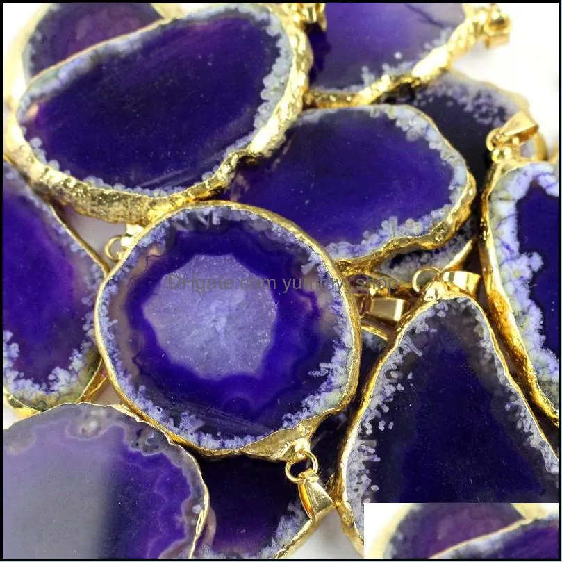 gold plating natural agate stone slices charms green purple agate slice wind bell tablet sweater chain pendant home ornaments