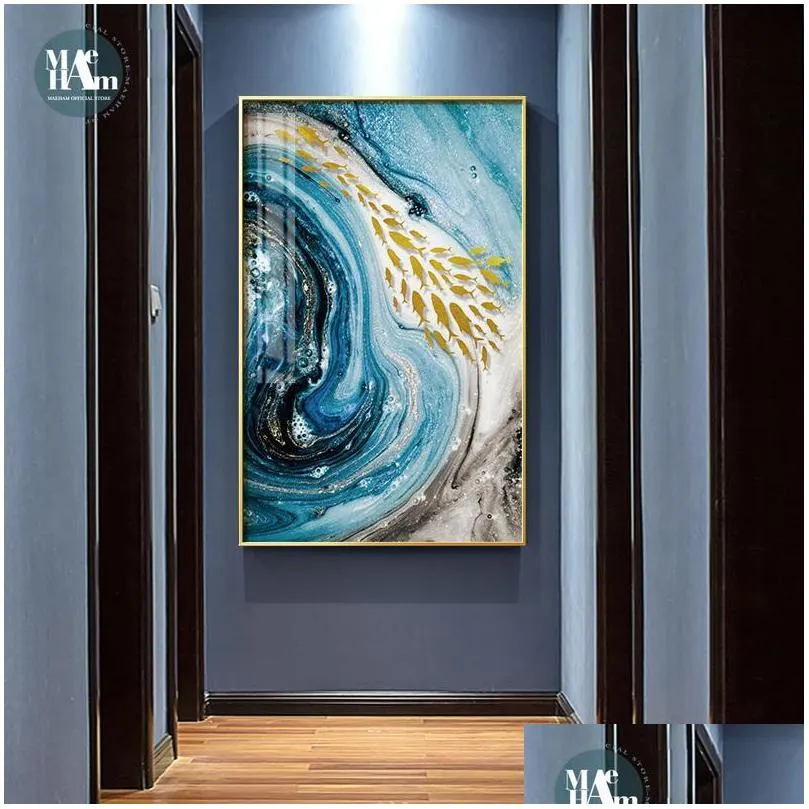 paintings abstract watercolor river golden lines wall poster print modern canvas painting art living room decoration pictures home