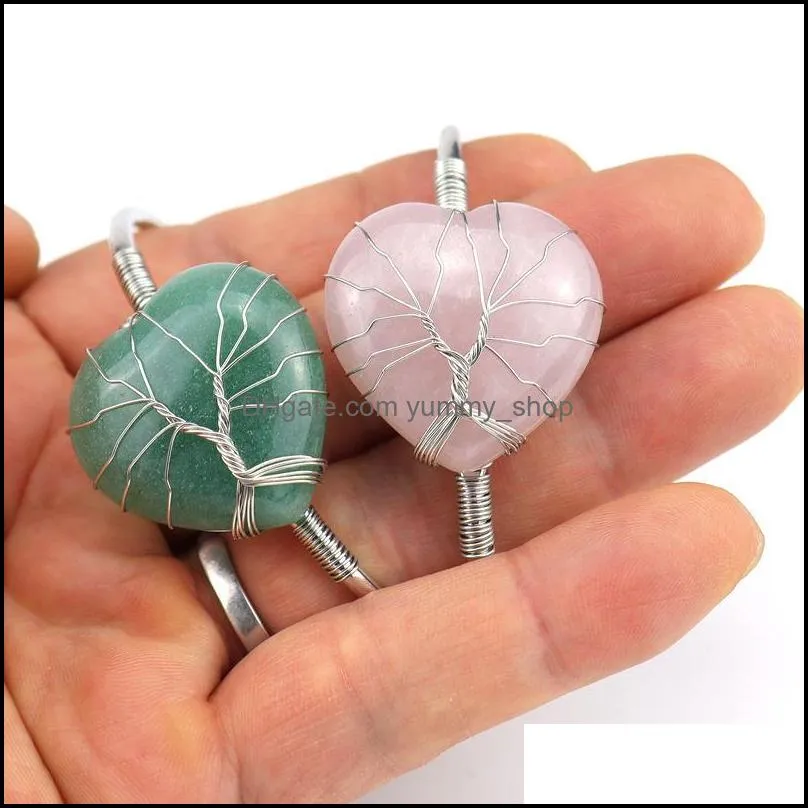 wire wrap natural stone heart bracelet opal amethyst aventurine pink crystal bangle bracelets for women jewelry