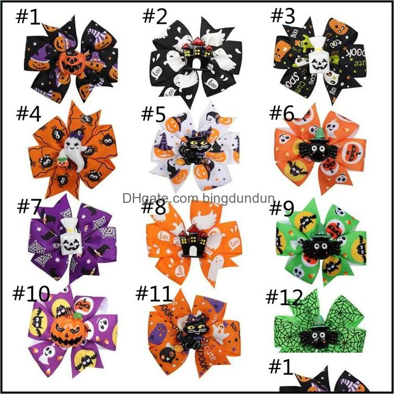 baby halloween grosgrain ribbon bows with clip girls chind ghost party pumpkin kids girl pinwheel hair clips hairpin accessories 12 styles