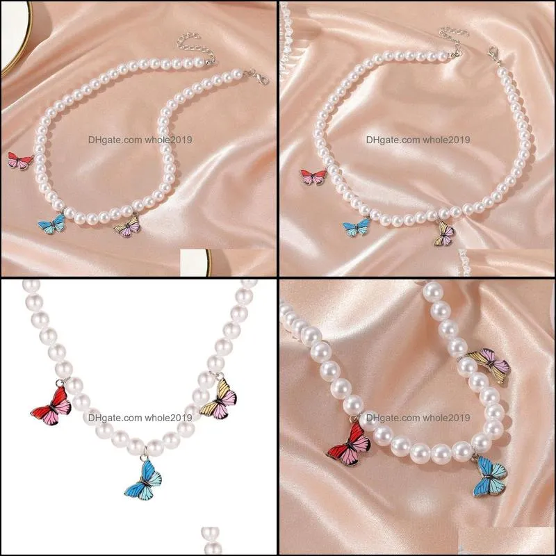 ins wind cold temperament pearl necklace fantasy colorful bow short clavicle simple chain necklace lady fashion bow pendants necklaces