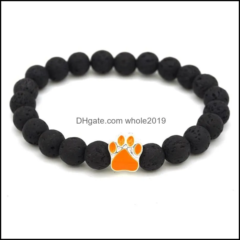 new paw charms 8mm black lava stone strand elastic bracelet  oil diffuser bracelets volcanic rock footprint beaded hand