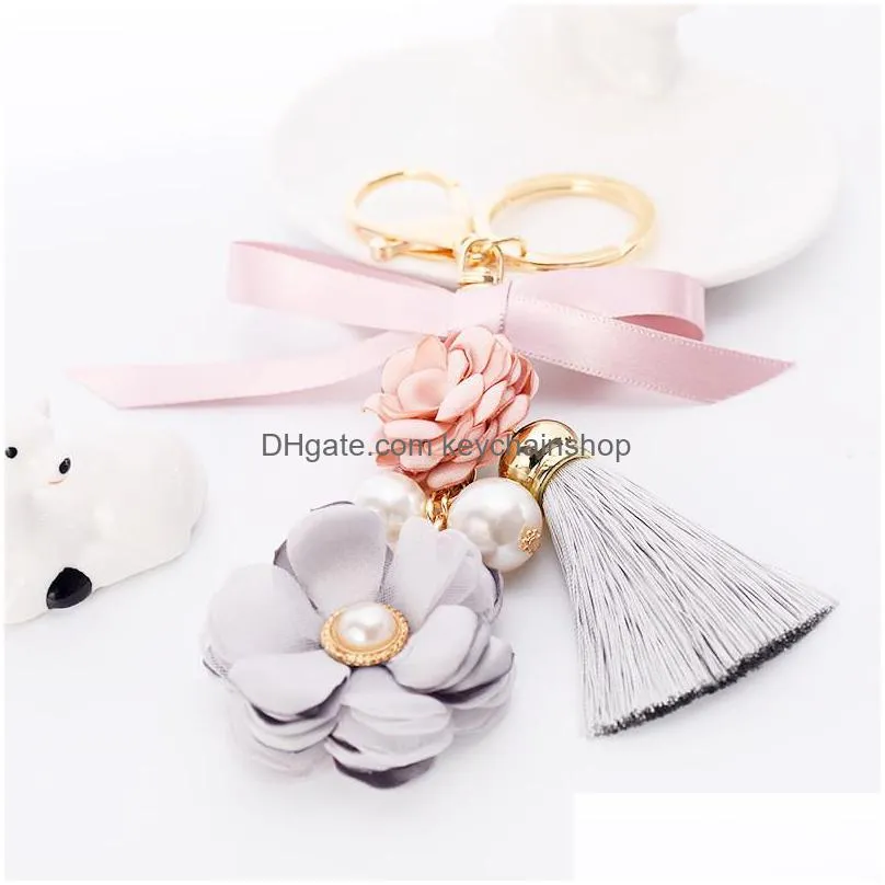 key rings  fabric pink flower bow keychain for women tassel cool keyring best gift friend pendant jewelry wholesale