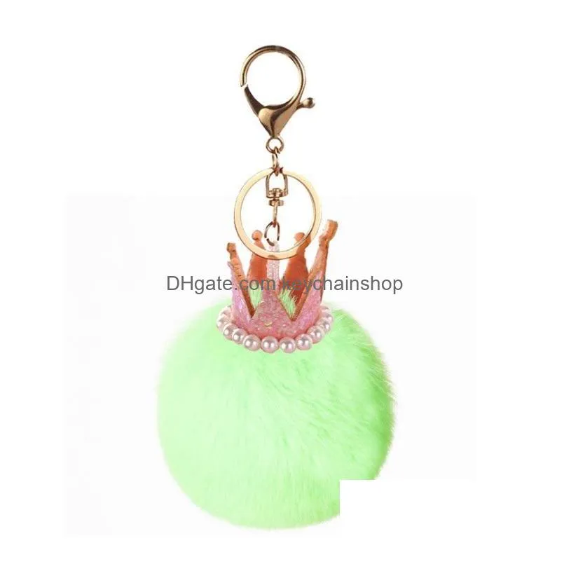 8cm fluffy rabbit fur ball pendant pearl crown key chain fur pompons key ring metal keychains car handbag gift accessories