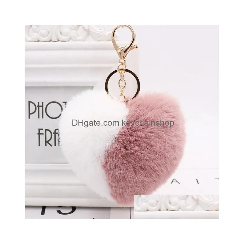 11cm cute fluffy heart keychains womens pom poms faux rex rabbit fur key chains girl bag hang car key ring jewelry accessories