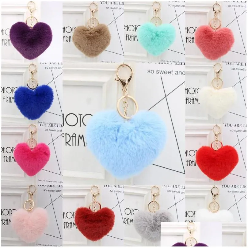 fluffy pompom key rings for women soft heart shape rabbit keychains ball car bag accessories keyfobs pendant jewelry