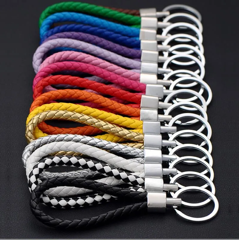 high quality braided pu leather keychain women men solid color woven rope key ring unisex car key holder fashion accessories