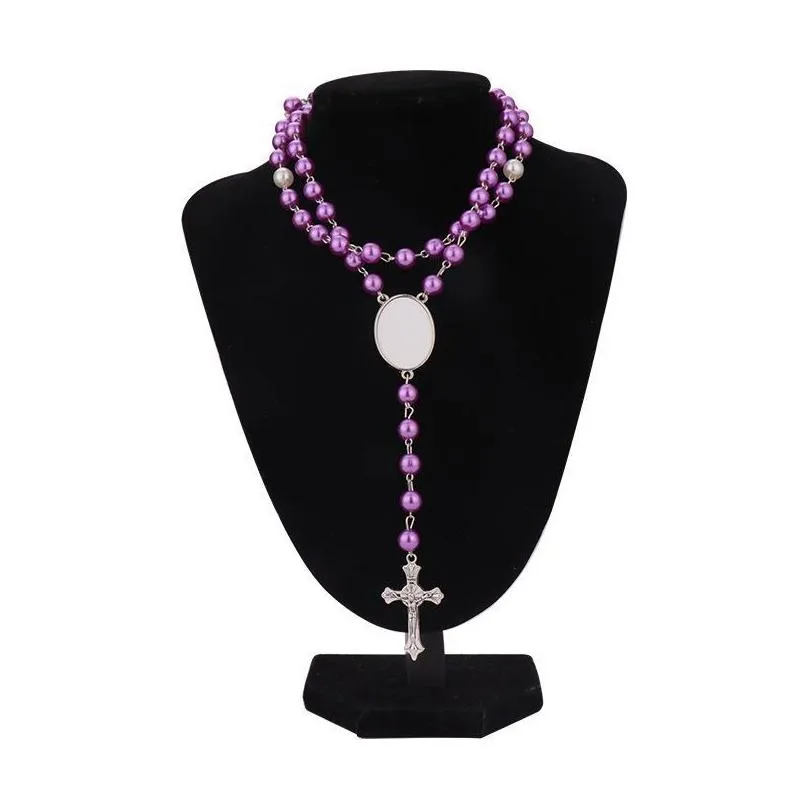 4 colors sublimation necklace heat transfer pendant rosary bead necklace cross jesus metal pendants gf0102