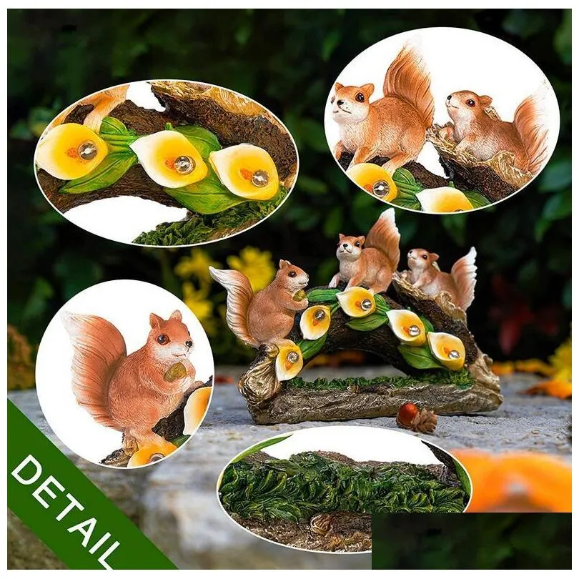 garden statues squirrel with solar powered lights garden decorations outdoor for patio lawn yard housewarming resin animal shape art