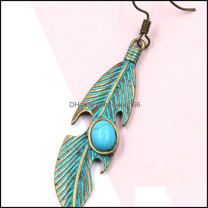 womens vintage verdigris leaves earrings fashion jewelry natural stone beads ladies earrings oorbellen