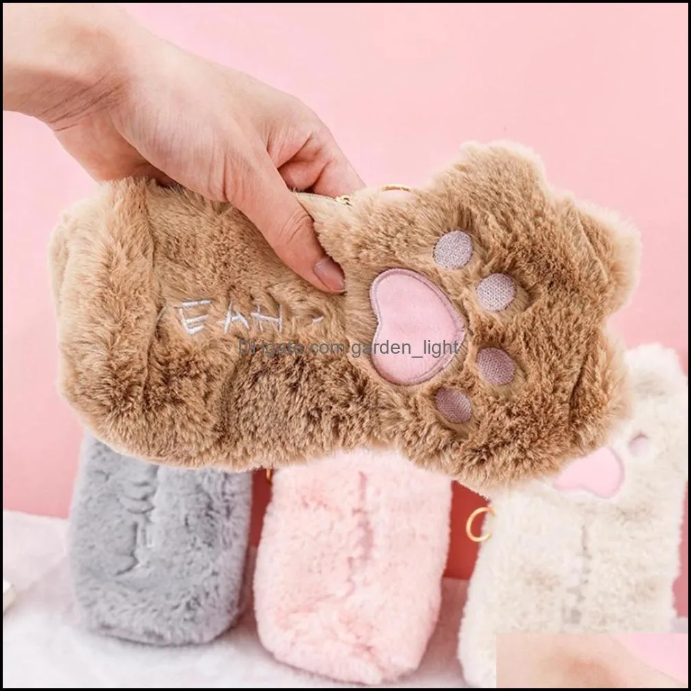 pencil bags cut cat paw pencil bag soft plush kawaii makeup pouch large capacity pencil case pen holder stationery organizer school