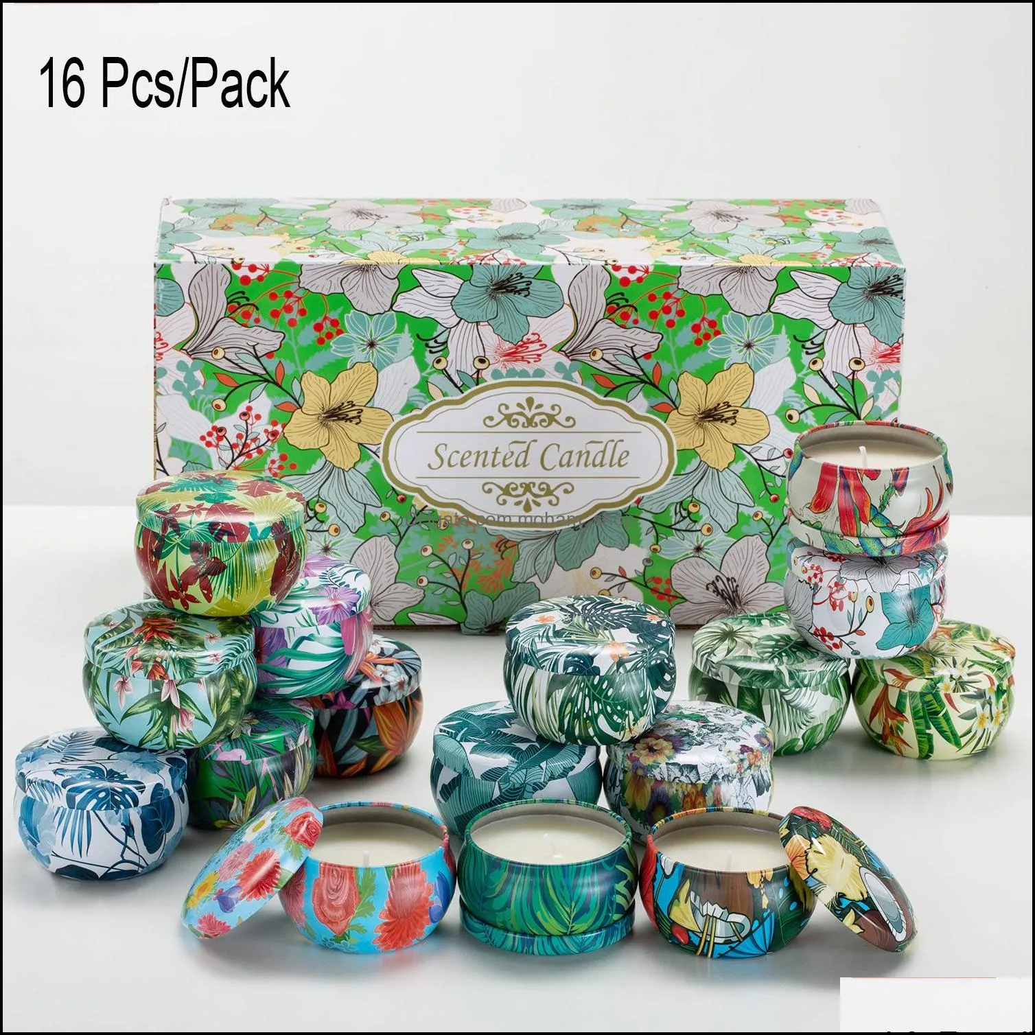 16pcs/pack scented candles flowers tin can fragrance handmade  oil candle natural soy wax home decoration gifts box th0030