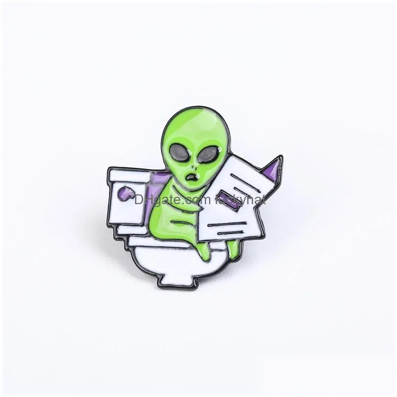 cartoon funny alien brooch for cute girls enamel pin et alien reading newspaper in toilet metal badges jewelry small women accessories