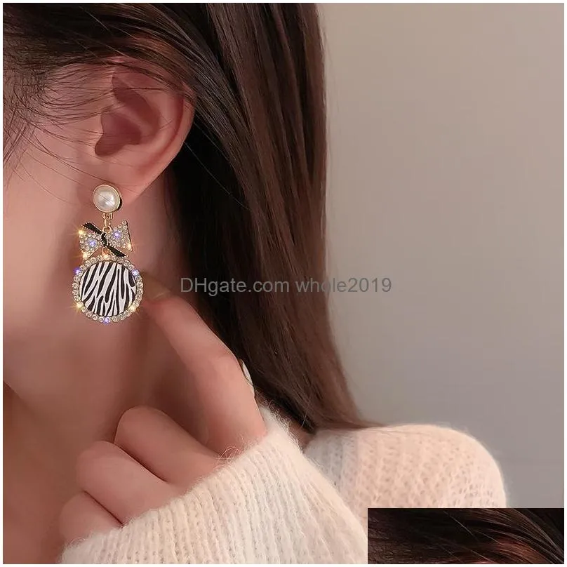 fashion jewelry s925 silver post earrings for women rounded zebra stripe rhinestone bowknot dangle stud earrings